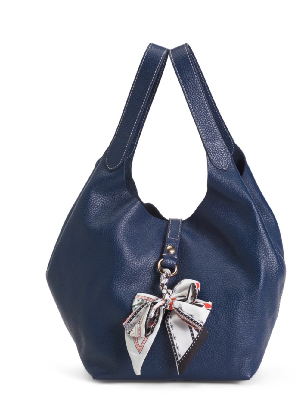 Women's Navy Leather Hobo Bag  La Via Firenze with Scarf Accent